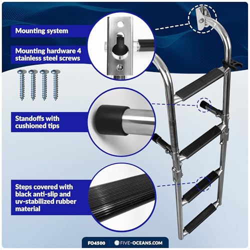 image for Five Oceans 4-Step Folding Boat Ladder - Stainless Steel for Pontoons,