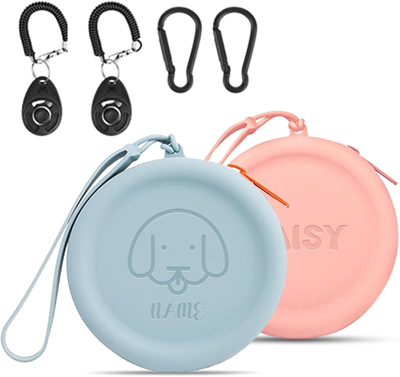 WALLFID Customizable Dog Pattern and Name,Silicone Treat Pouch,12 Colors,with Training Clicker and Carabiner,Small Size,Easy to Clean,Moisture-Proof,Travel Walking Bag for Dog and Cat (Two Packs)