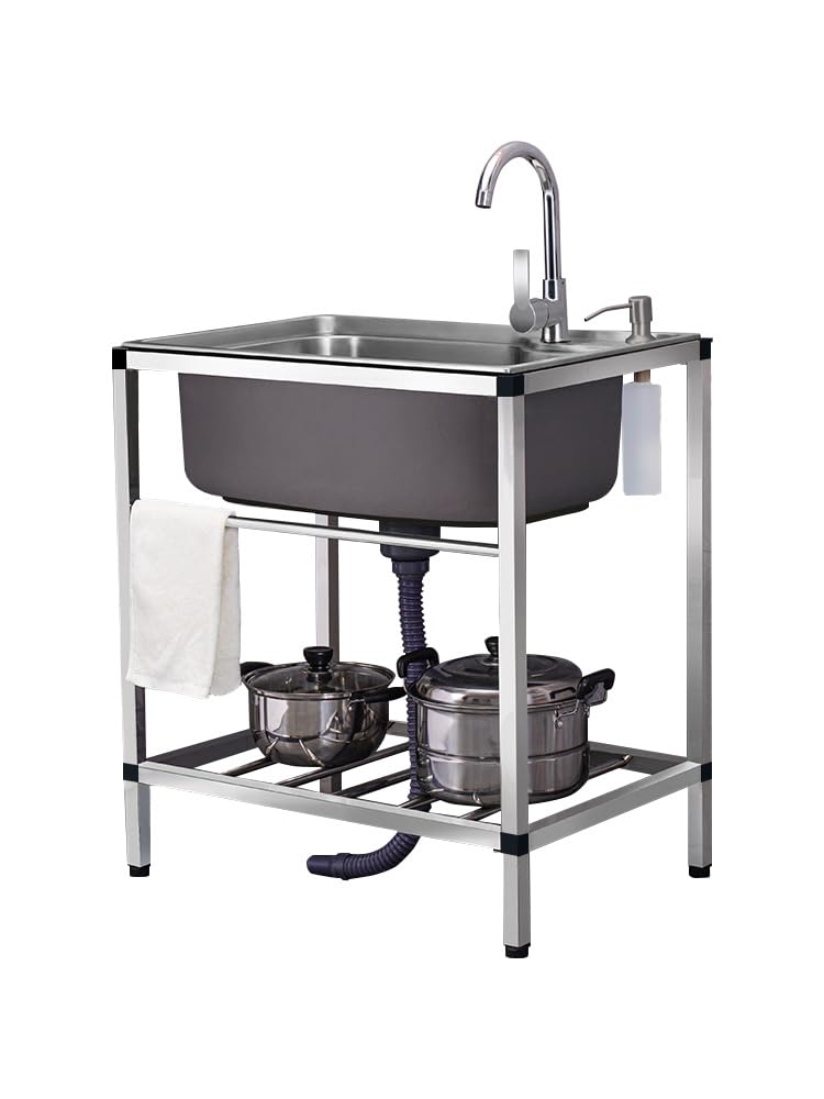 ZQFHSX Kitchen Sink, Stainless Steel Sinks, Catering Sink Free Standing for Dining Table, Kitchen, Industrial Garage Laundry Room with Tap and Drain (68x44x75cm)