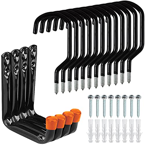 Etoolia Heavy Duty 16 Pack Garage Utility Hooks for Bike Storage, Wall Mount Screw Ceiling Hooks - Hanger for organizing Bikes, Ladder, Extension and Power Tools (12X Screw-in + 4X J Hooks)