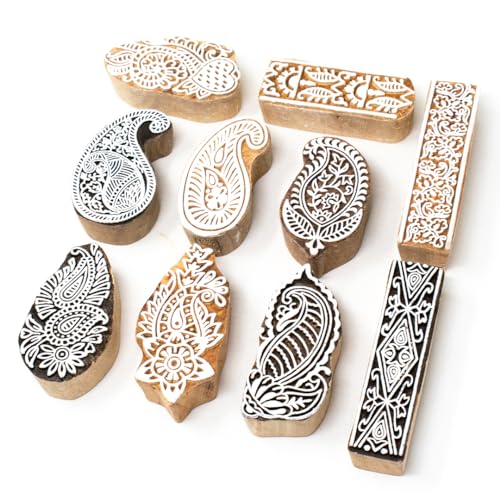 Image of Hashcart Wooden Indian Traditional Design Printing Stamps / Blocks for Printing Saree Border / Dresses / Craft Card Making / Scrapbook / Clay Pottery (Set of 10)