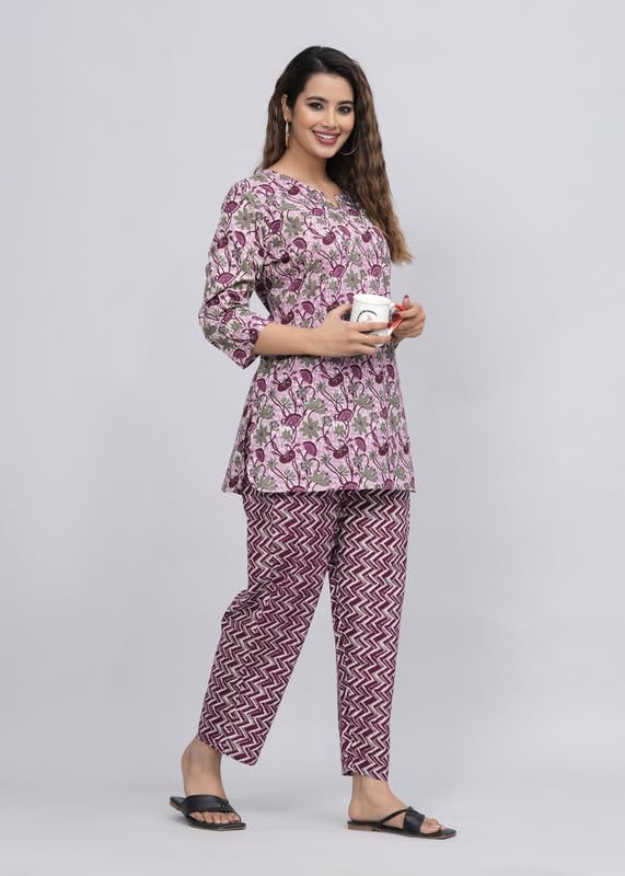 Image of 100% Cotton Printed Night Suit for Women's Shirt and Pyjama Sleep wear Set for Womens and Girls