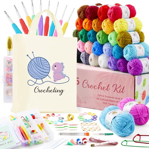 Image of INSCRAFT Crochet Kit for Beginners Adults, 30 Acrylic Yarn Skeins 1650 Yards Yarn, 105 PCS Crochet Kit with Hooks Yarn Set,includes Canvas Tote Bag, Ideal Starter Pack for Kids Professionals