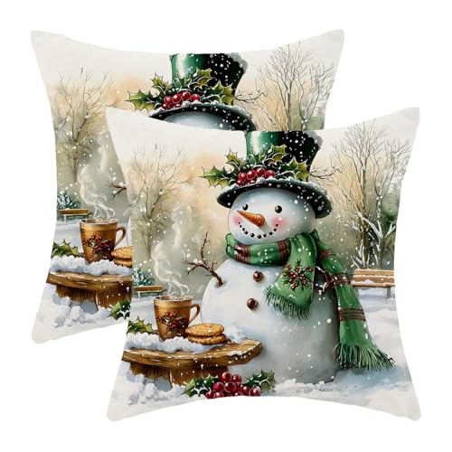 Christmas Pillow Covers 18x18 Inch Set of 2 Green Snowman Snowflake Decor Throw Pillows Winter Xmas Holiday Farmhouse Outdoor Cushion Cases for Couch Bed Decorations