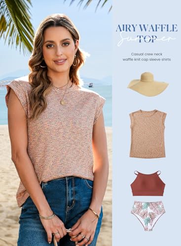 SHEWIN Summer Tops for Women Casual Crew Neck Waffle Knit Cap Sleeve Shirts Loose Fit Blouses Top4