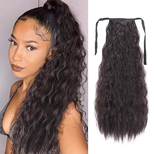 Vigorous Long Corn Wave Ponytail Extension Long Tie Up Ponytail Heat Resistant Synthetic Clip in Wavy Ponytail Dark Brown Hairpiece for Women (4#)