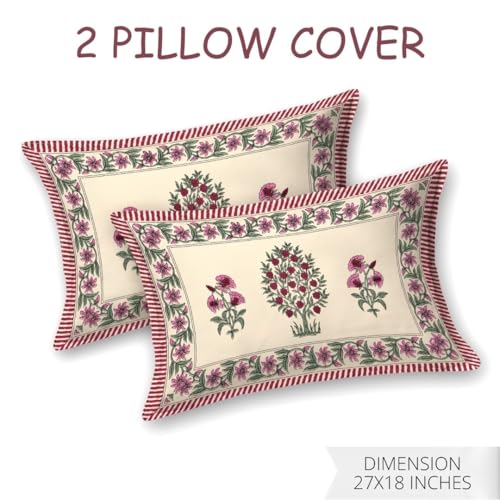 Image of Living Roots Ethnic Jaipur Block Print Double Cotton Bedsheet & 2 Pillow Covers, for Mattress Upto 6 inches Thick, No Colour Bleeding, Pink Colour, King Size 90 * 108 inches, 120TC (614-A)