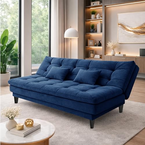 Image of Modern 3 Seater Sofa Cum Bed | Tufted Backrest | Velevt Fabric Upholstery | Living Room Furniture-Blue
