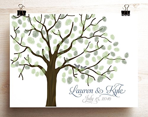 Wedding Guest Book Alternative Woodgrain Look Thumbprint Tree Poster with Lovebirds on Branches Canvas or Paper