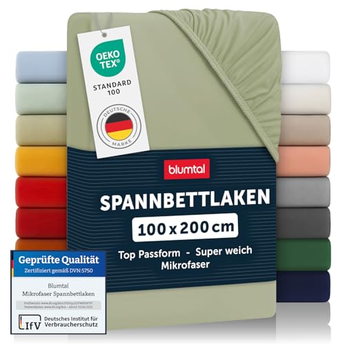 Blumtal® 2er Set Spannbettlaken 100x200x30cm aus Microfaser - Oekotex zertifiziertes Bettlaken Spannbettlaken in Light Olive Green - Grün – Ansicht 1