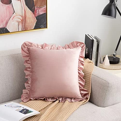 Boomsea Pink Velvet Ruffle Pillow Covers Set Of 2, Decorative Ruffled Square Cushion Covers For Bed Couch Sofa 18X18 Inch #TOP2