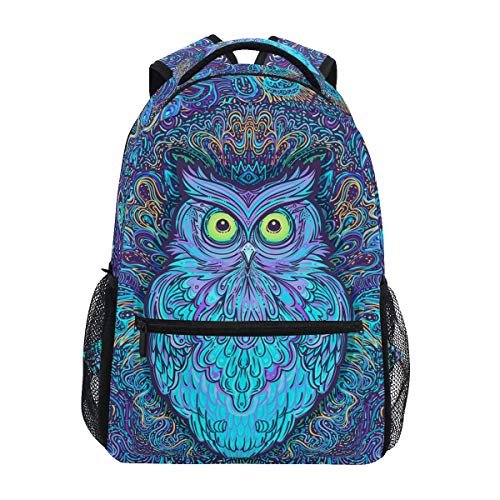 Grand sac à dos durable au motif hibou abstrait et psychédélique noir