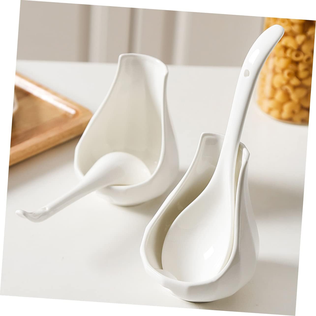 COLLBATH Large Ceramic Soup Spoon with Spoon Rest 8.85 Inch Porcelain Ladle Utensil Holder for Kitchen Dining Table Family Meals and Serving