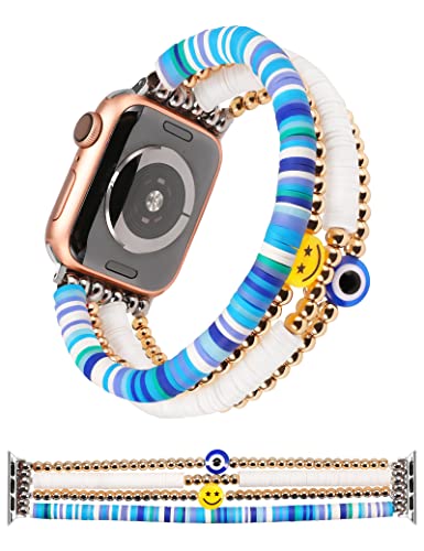 TOYOUTHS Heishi Beaded Bracelet Compatible with Apple Watch Band Women Kids Girls Cute Stretchy Clay Preppy Stack Elastic Strap for iWatch 38/40/41/42mm Series 11 10 9 8 7 6 5 4 SE 3 2 1, Blue/M