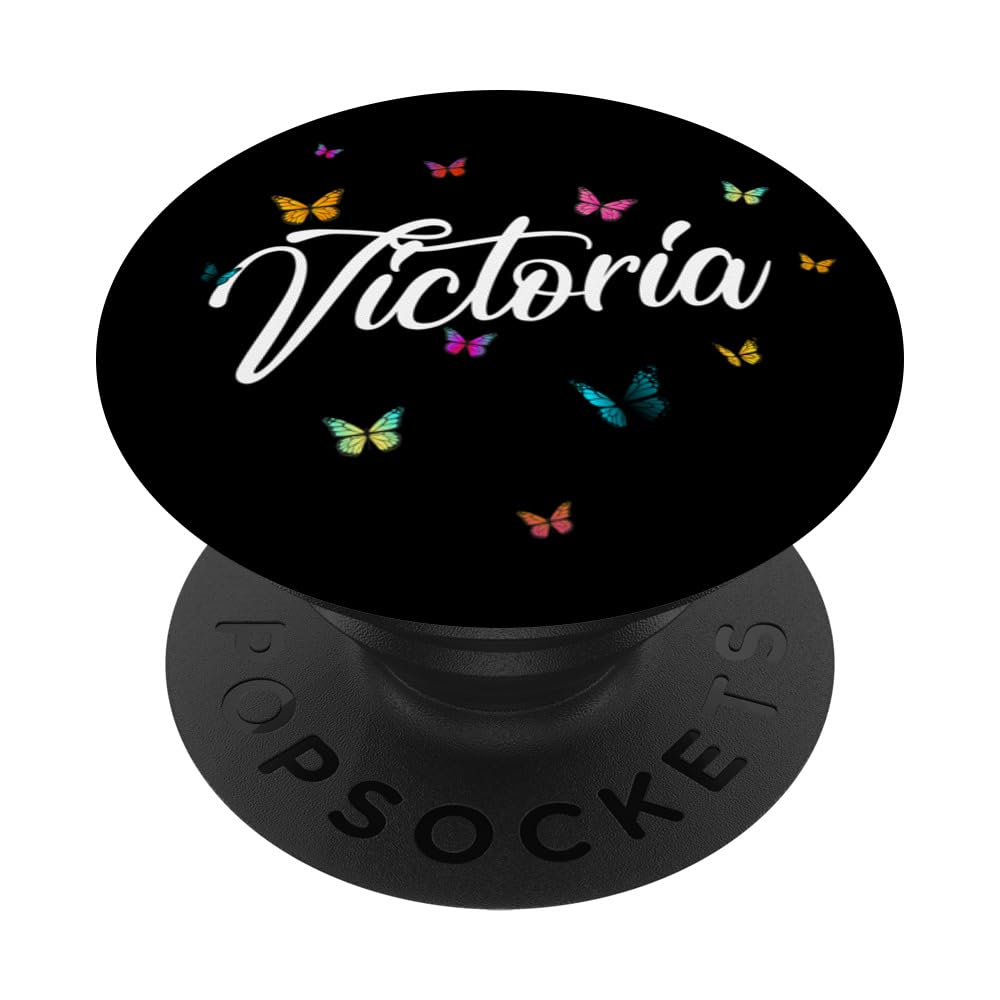 VICTORIA - Adorable girl name with colorful Butterlies PopSockets Swappable PopGrip, Black