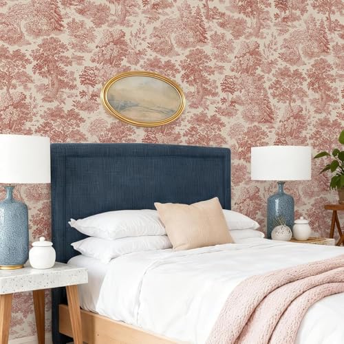 Image of Textured Wallpaper Peel and Sticks Vintage Flowers Leaves Pattern Design Toile de Jouy Wallpaper, Red and Cream, Pastoral Landscape Pattern, French Country Style Vinyl Adhesive 16.5&87inch