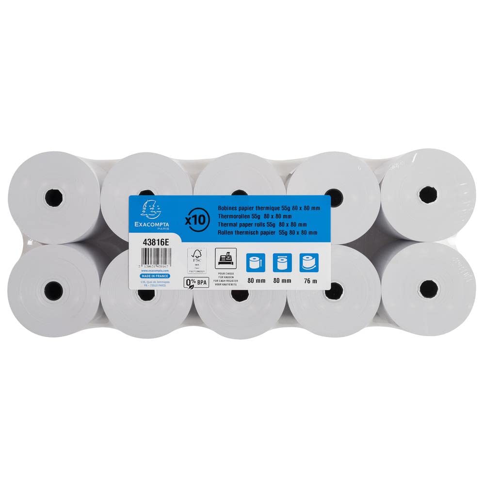 EXACOMPTA Lot de 30 Bobines pour tickets de caisse 80x72mm - 76m - 1 pli thermique 48g/m2
