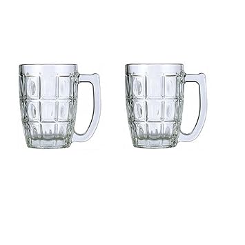 Kosh Lucky Thailand Transparent Fancy Stylish Crystal Clear Heavy Base Modern Beer Mug Glass Set with Handle for your home Bar (400 ml, Clear) - Pack of 2
