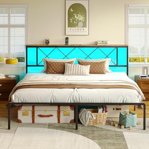 IRONCK Bett 180x200 mit LED Beleuchtung, Bettgestell 180x200 mit Steckdose, 1 USB, 1 Typ-C-Anschlüsse, Metallbett mit Kopfteil und Stauraum, Jugendbett, Doppelbett mit Metal Lattenrost IRONCK Bett 180x200 mit LED Beleuchtung, Bettgestell 180x200 mit Steckdose, 1 USB, 1 Typ-C-Anschlüsse, Metallbett mit Kopfteil und Stauraum, Jugendbett, Doppelbett mit Metal Lattenrost