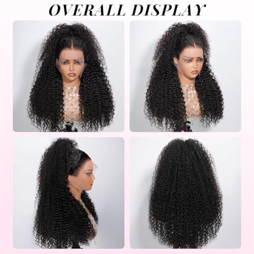 Image of CYNOSURE 13x4 Deep Wave Lace Front Wigs Human Hair Pre Plucked 180% Density Brazilian Deep Curly HD Transparent Lace Frontal Wig with Baby Hair Natural Black Color 18 inch