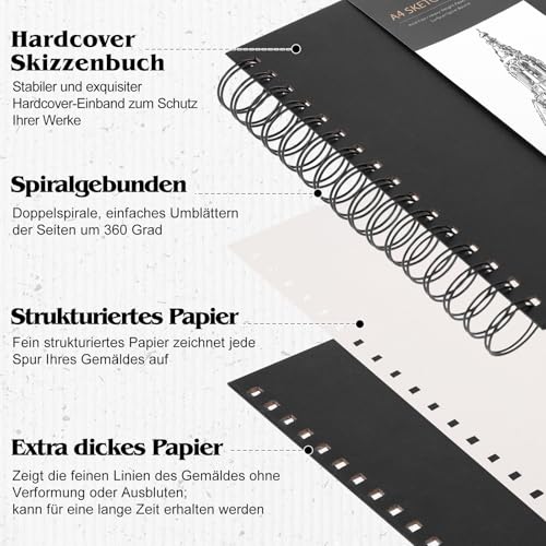 Skizzenbuch A4, Zeichenblock Skizzenpapier Zum Zeichnen Malblock 200g/m² Dickes Papier Spiralbindung für Künstler Kinder Studenten (60 Blatt/120 Seiten)