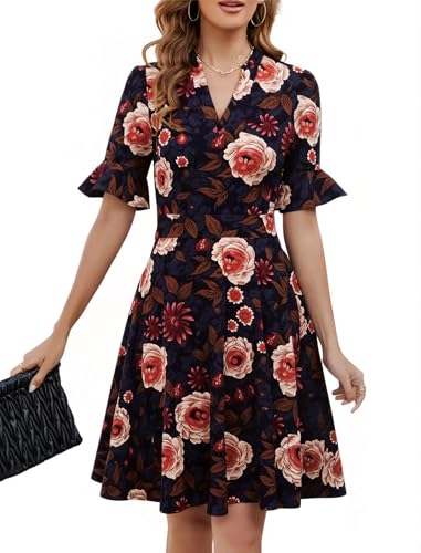 Image of Mokayee Womens Summer V Neck Ruffle Short Sleeve Fit and Flare Knee Length Church Wedding Guest Dresses with Pockets