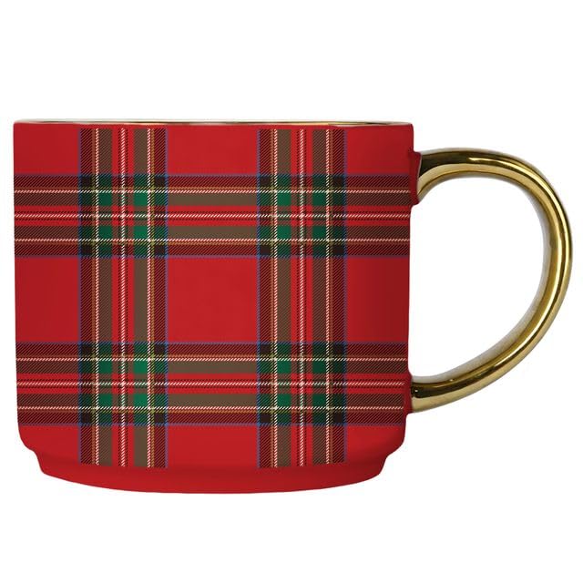 Sweet Water Decor Red Plaid Coffee Mug 14oz China Christmas Mug with Gold Handle Large Holiday Winter Cup