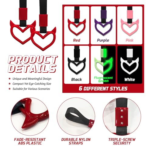 Image of 2 Pcs Devil Heart Shaped Car Handle Strap - Drift Charm Rear Bumper Warning Ring Decor for Car Interior Exterior, Subway Bus Handle Accessory, Cute Heart Car Decor Gift for Drivers (Red)