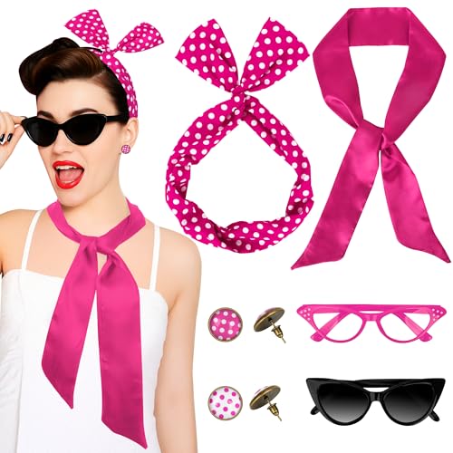 QZYL 6 Pack 1950's Womens Costume Accessories Set Retro Polka Dot Chiffon Scarf Headband Cat Eye Glasses Earrings Party Girl