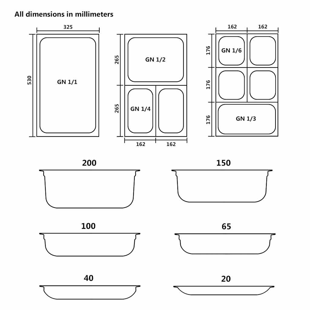Contenitori per gastronorm, 12 pezzi, GN 1/4, 265 x 162 x 20 mm, in acciaio inox, per cucine professionali e gastronomia