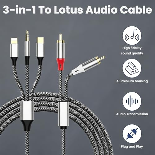 Image of ZORBES 3-in-1 RCA Audio Cable 1.3M /4.26FT, AUX Cable with Lighting /USB-C /3.5mm to RCA, Braided Stereo with Dual Male (Red /White), Hi-Fi Sound for Power Amplifier, Car, Home Theater, Speaker