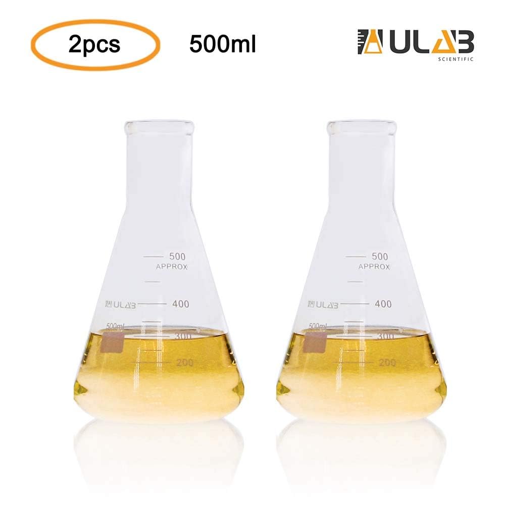 ULAB Scientific UEF1025 - Juego de frascos de vidrio de boca estrecha Erlenmeyer, 17 onzas, 500 ml, borosilicato 3.3 con graduación impresa, paquete de 2