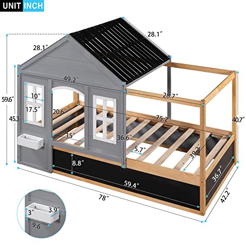 Twin House Beds With Chalkboard Wood 4 Poster Canopy Bed For Kids Twin Size Montessori Bed Playhouse Cabin Tent Bed Frame For Girls Boys Children Teens Juniors, Gray #TOP1