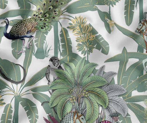 Soimoi Tela de lona de algodón por metro | Diseño tropical estampado en verde | 142 cm de ancho | Material duradero y de peso medio para tapicería, bolsos, cortinas y manualidades