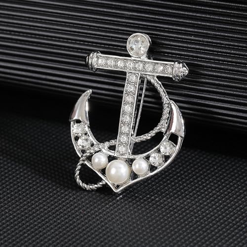 Image of Personality Pearl Crystal Anchor Fashion Brooch Pin Women's Clothing Accessories Jewelry Crystal Boat Anchor Brooch Rudder Brooch Pin