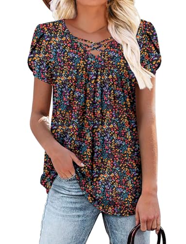 onlypuff Tops for Women Ladies Blouses V Neck Summer Shirts Short Sleeve Tunic Tops Tops Flowy Boho Top Hide Belly BlackColor S