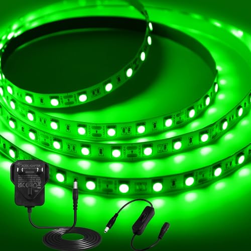 12V Green LED Strip Light, 5M Christmas Tree Tape Light, 300 LEDs SMD5050 Cuttable Lights with Plug, Flexible Dimmable Tape Lights Kit for Bedroom TV Backlight Gaming Room Display Cabinet Indoor Decor