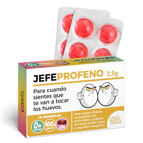Caramelos de broma JEFEprofeno | Caja con 12 caramelos sin azúcar sabor cereza | Regalo divertido para jefes que aguantan, mandan y sobreviven al caos con huevos y sentido del humor