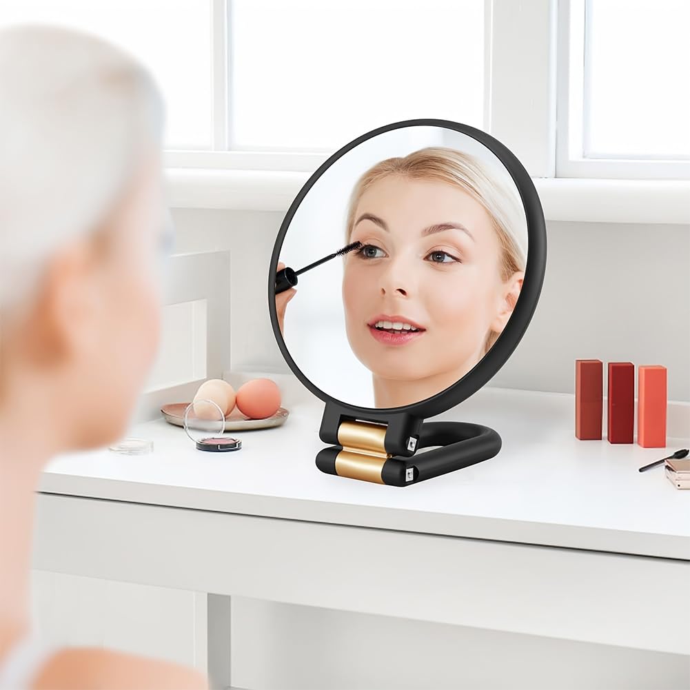 Espejo de mano con asa, espejo de maquillaje de doble cara con aumento de 50X y 1X, espejo de viaje plegable para el hogar, pared y escritorio (verde) - 5