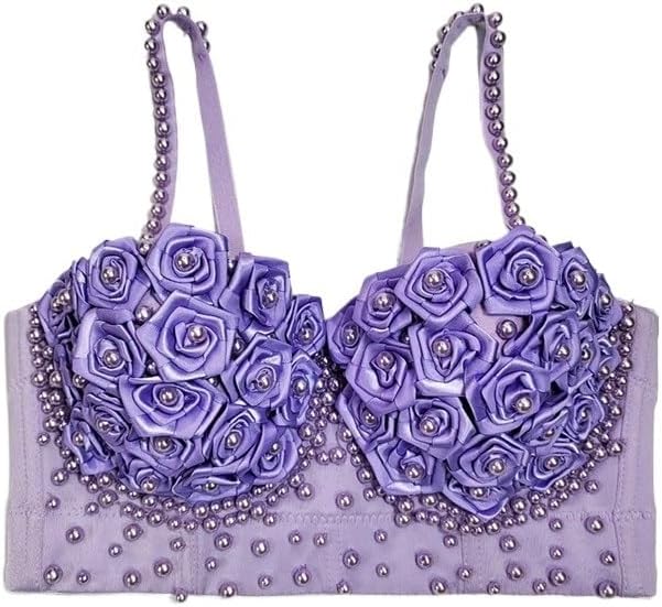Rose Flower Pearl Bra Waist-Length Short Shapewear Gathered Vest Bra Women's Camisole Underwear(D,40c)