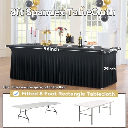 Image of 12 pk Black Spandex Tablecloth 8ft with Ruffled Skirt,Wrinkle Free High Stretch Fitted Tablecloths for 8 Foot Rectangle Tables,Pleated Elastic Spandex Table Covers 8ft for Parties Wedding Banquet