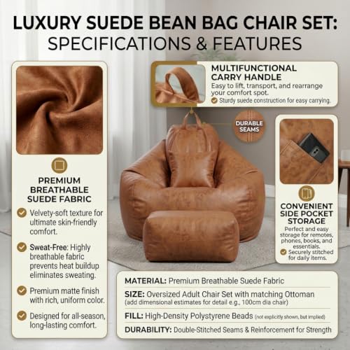 Image of KAM'S LIEU 4XL Suede Bean Bag Chair with Footrest & Cushion | Filled with High Density Polystyrene Beans | Premium Soft Fabric | Teardrop Design with Handle | Ready to Use Color- (TAN, Bean Bag)