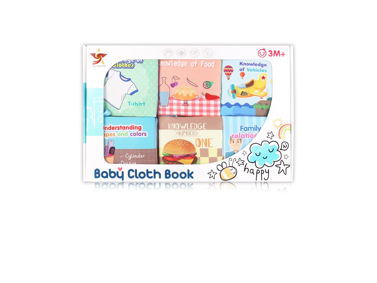 Washable Cloth Books For Babies 6 Pieces Family Shapes Colors Food Numbers Vehicles Clothes