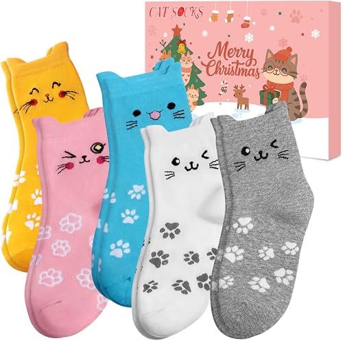 Cat Socks Christmas Gifts for Women: Cute Animal Cat Socks Womens 4-7 Funny Gifts for Cat Lovers Mom Wife Teens Girls Her, Xmas Stocking Fillers for Ladies Teenage Girls Secret Santa Present Ideas