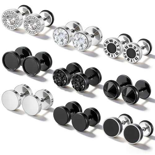 IANFAN Lot de 9 paires de faux écarteurs de boucles d'oreilles rondes en acier inoxydable pour homme et femme