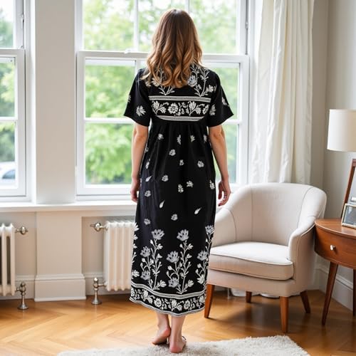 Loungees Short Sleeve Black Monotone Lounger House Dress Caftan - 3 Button Bib Yoke and Pockets4