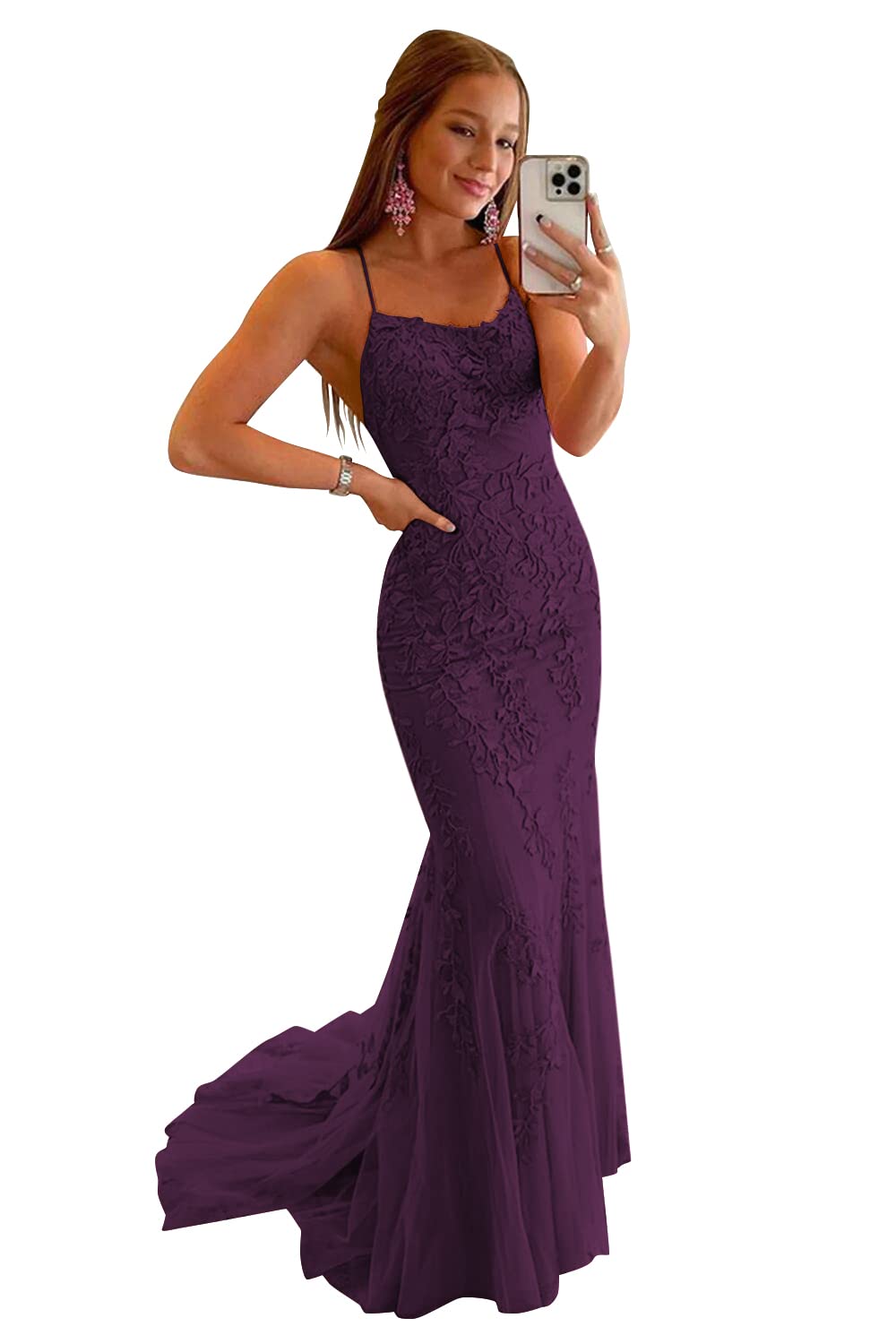 Clothfun Women's Long Lace Prom Dresses Mermaid Spaghetti Straps Backless Formal Evening Gowns