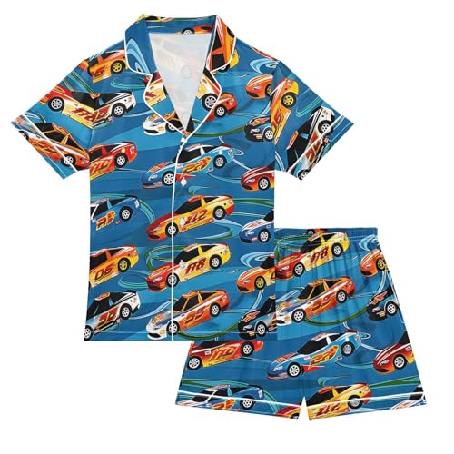 ALAZA Racing Car Blue Satin Pajamas Set Short Sleeve Button Down Sleepwear Summer Pjs 2 Piece