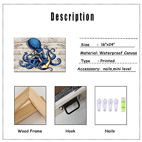 Tiuauit Octopus With Anchor Wall Art Navy Blue Marine Animal Picture Print On Canvas Ocean Life Wall Decor For Living Room Bedroom Home Office Wooden Framed Easy To Hang 16"X24" #TOP4