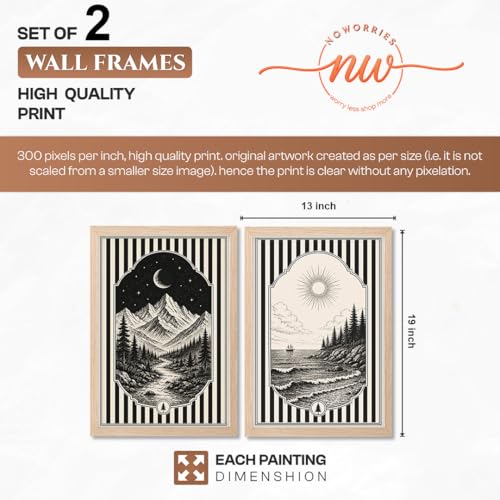 Image of NoWorries Framed Black and White Wall Art Set of 2, Vintage Mountain Moon and Coastal Ocean Landscape Prints, Boho Nature Decor, Scandinavian Minimalist Artwork for Bedroom, Hallway and Office (Art-17, 13x19inch)